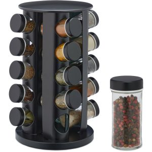 Especiero Relaxdays, 20 tarros de cristal, giratorio, acero inoxidable